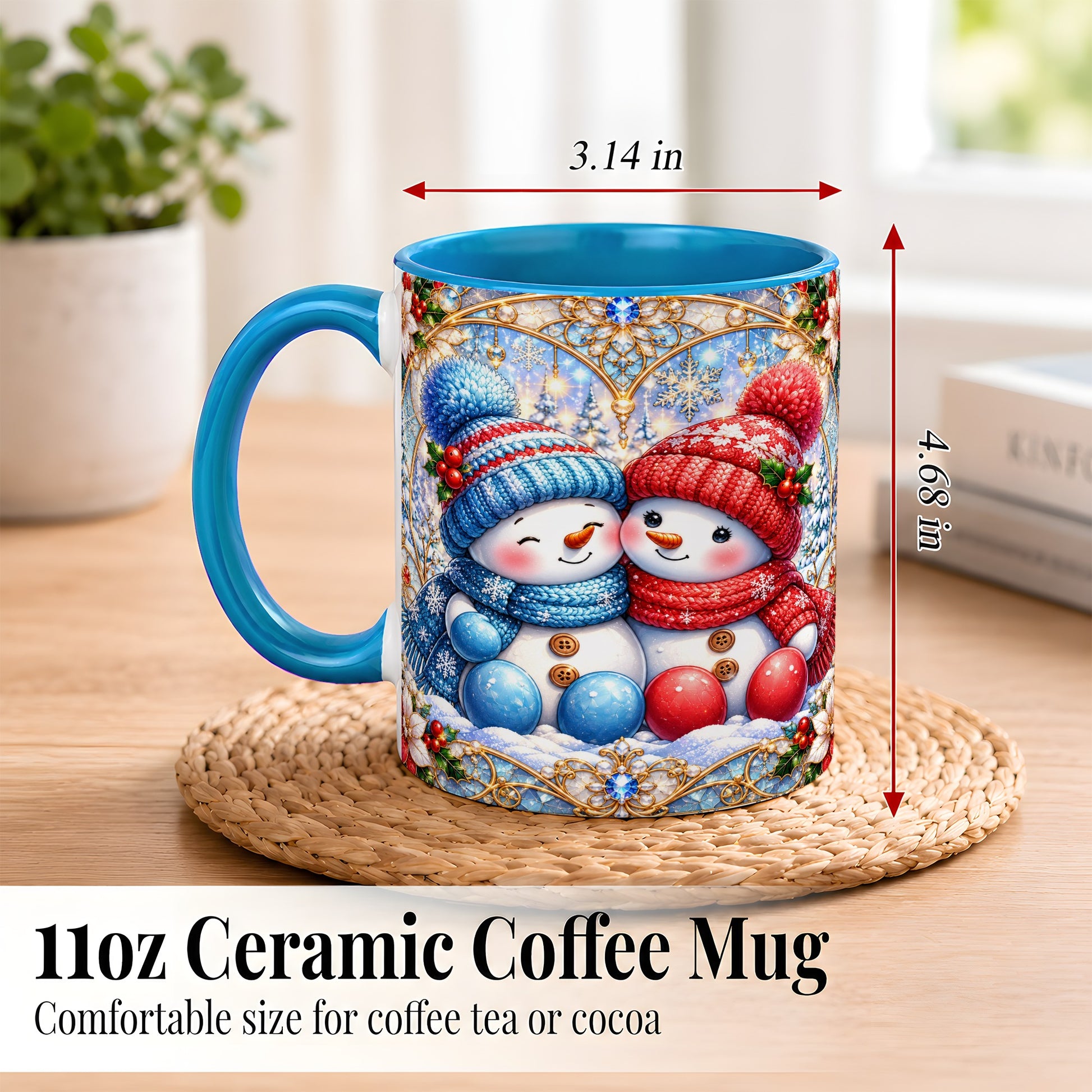 #pl[11oz|Blue] Snowman Couple Coffee Mug, Christmas Snowman Mug, Ceramic Cup