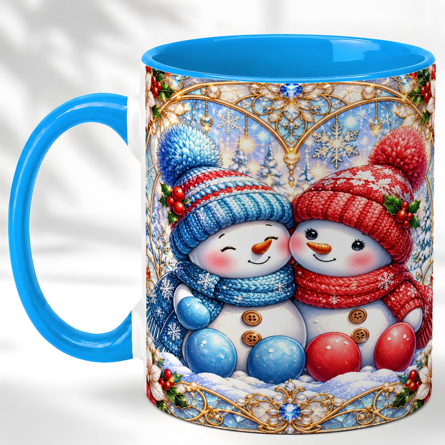 #pl[11oz|Blue] Snowman Couple Coffee Mug, Christmas Snowman Mug, Ceramic Cup
