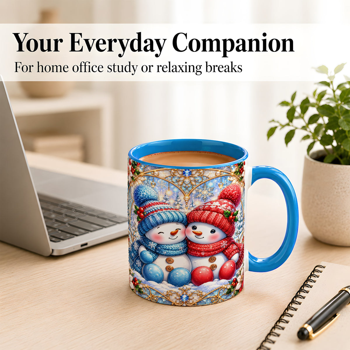 #pl[11oz|Blue] Snowman Couple Coffee Mug, Christmas Snowman Mug, Ceramic Cup