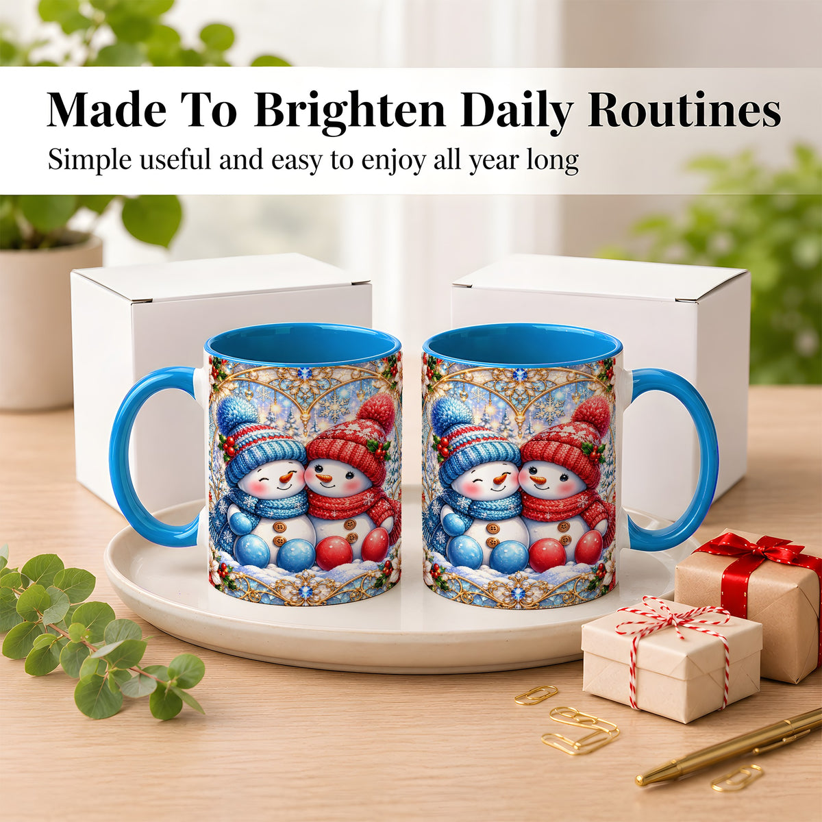 #pl[11oz|Blue] Snowman Couple Coffee Mug, Christmas Snowman Mug, Ceramic Cup