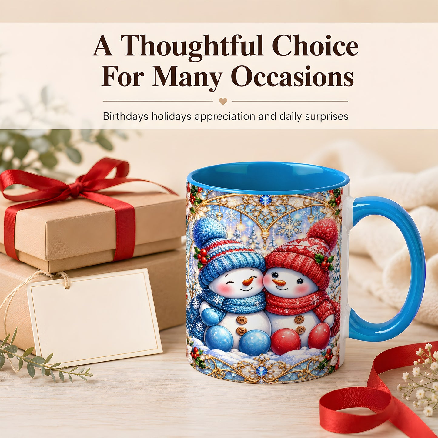 #pl[11oz|Blue] Snowman Couple Coffee Mug, Christmas Snowman Mug, Ceramic Cup