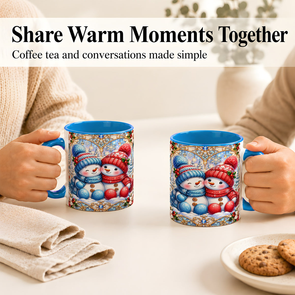 #pl[11oz|Blue] Snowman Couple Coffee Mug, Christmas Snowman Mug, Ceramic Cup