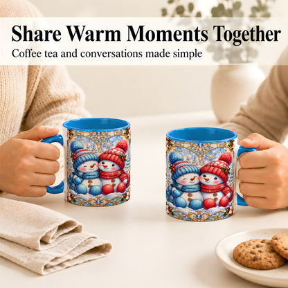 #pl[11oz|Blue] Snowman Couple Coffee Mug, Christmas Snowman Mug, Ceramic Cup