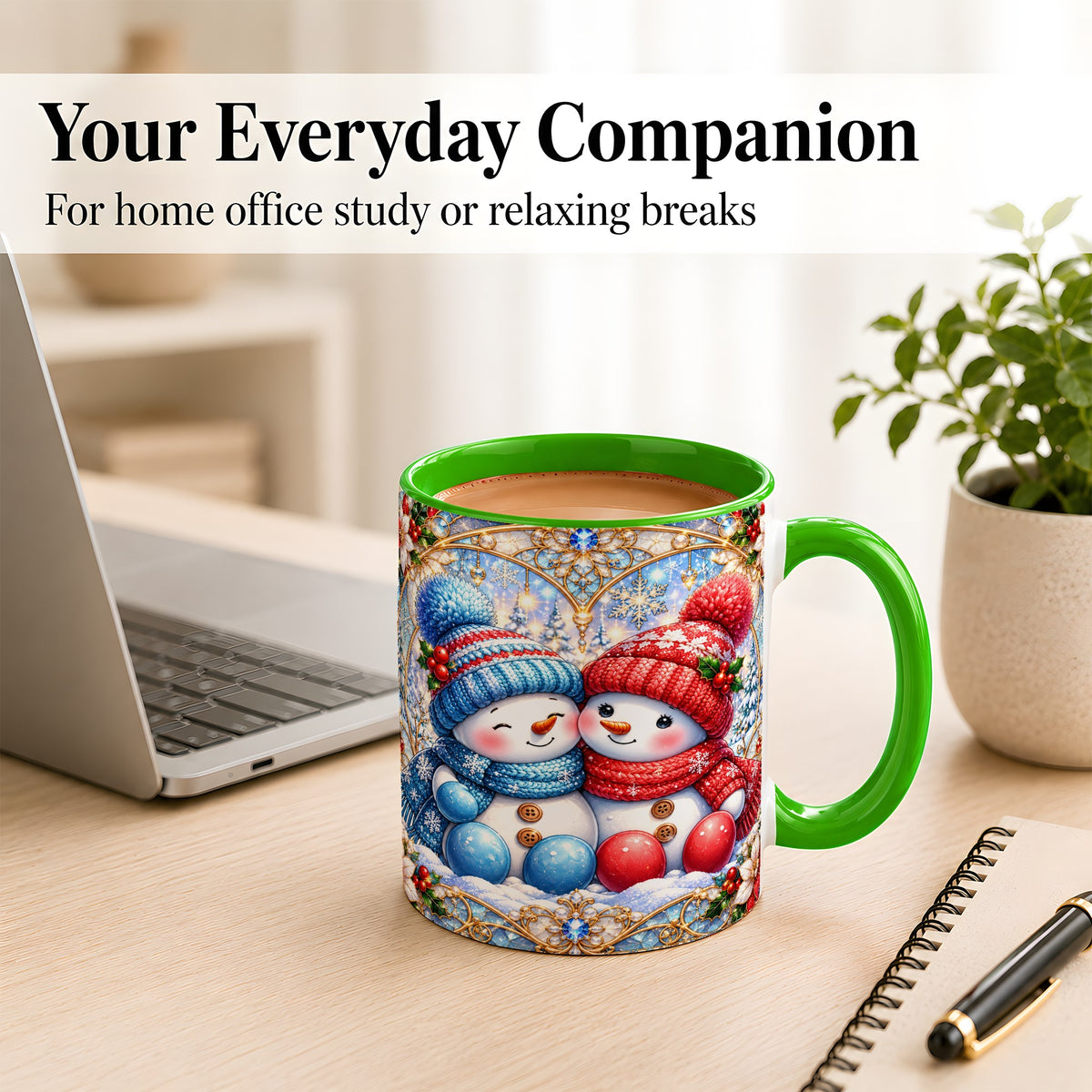 #pl[11oz|Green] Snowman Couple Coffee Mug, Christmas Snowman Mug, Ceramic Cup