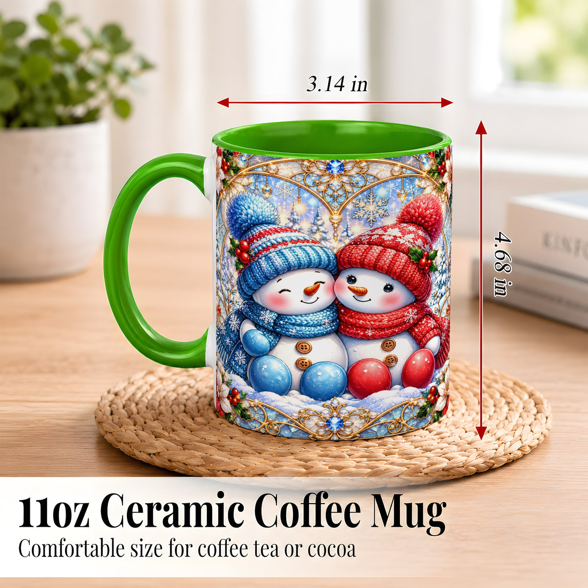 #pl[11oz|Green] Snowman Couple Coffee Mug, Christmas Snowman Mug, Ceramic Cup