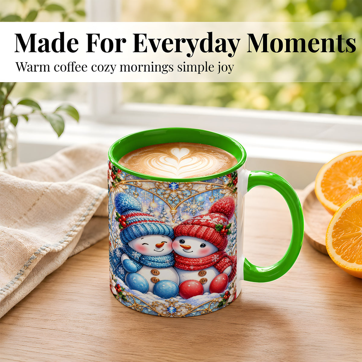 #pl[11oz|Green] Snowman Couple Coffee Mug, Christmas Snowman Mug, Ceramic Cup