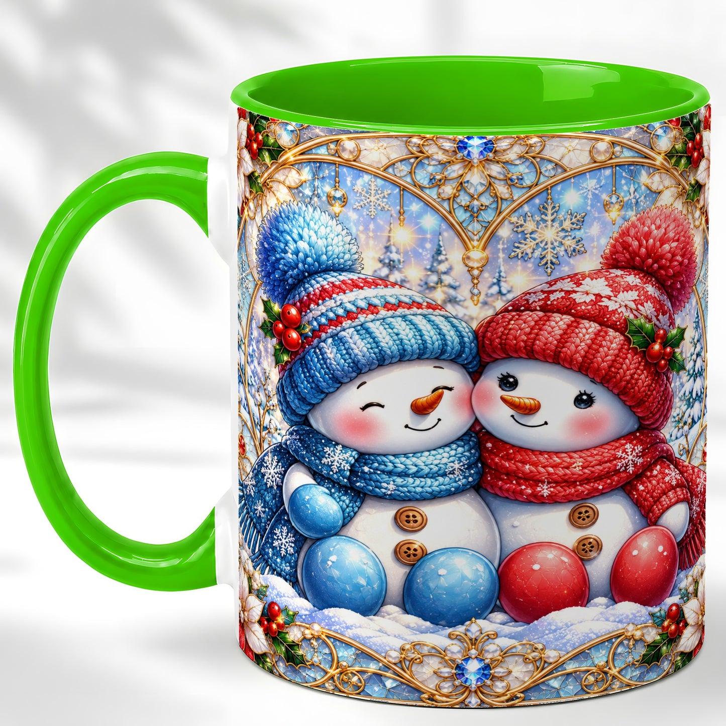 #pl[11oz|Green] Snowman Couple Coffee Mug, Christmas Snowman Mug, Ceramic Cup