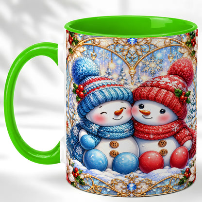 #pl[11oz|Green] Snowman Couple Coffee Mug, Christmas Snowman Mug, Ceramic Cup