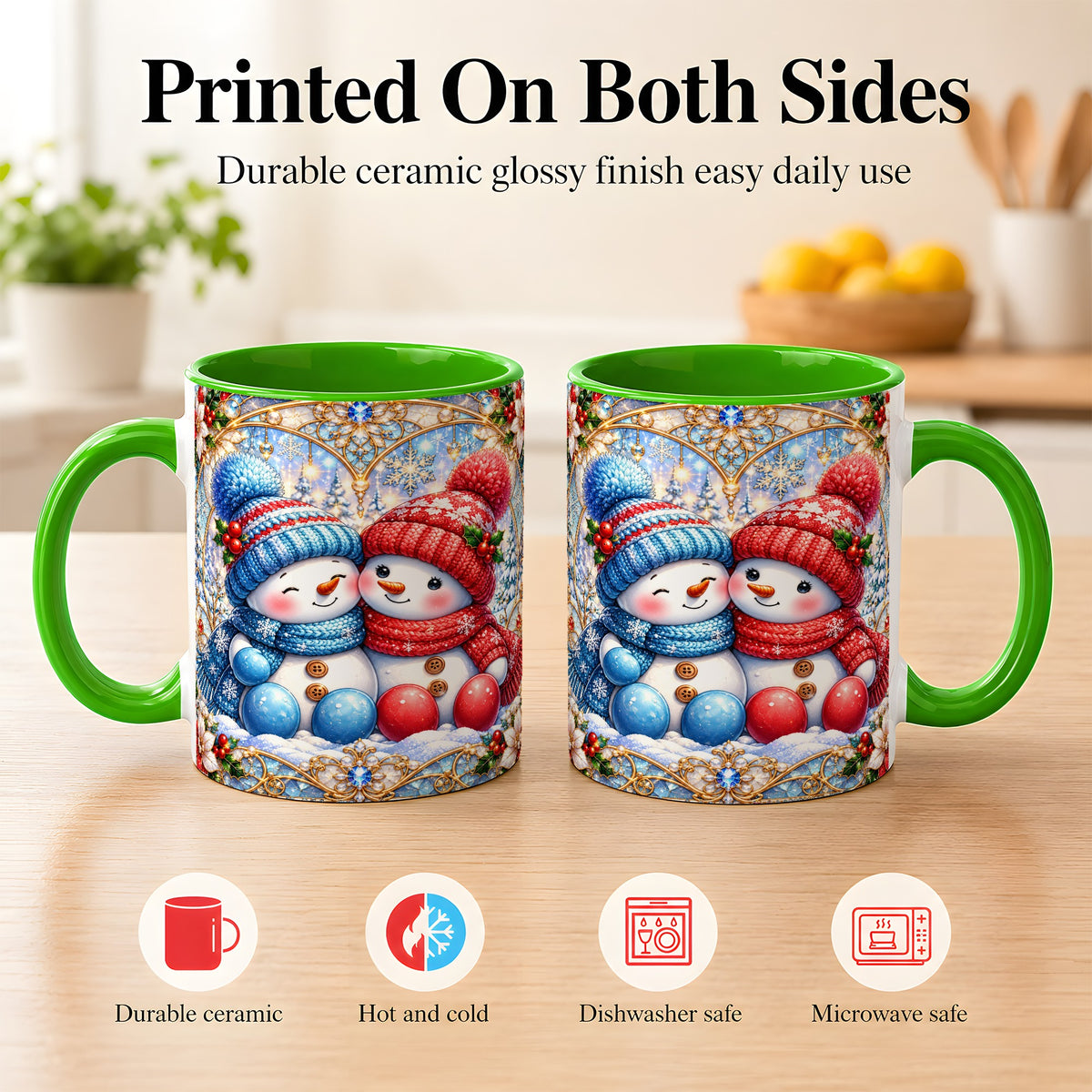 #pl[11oz|Green] Snowman Couple Coffee Mug, Christmas Snowman Mug, Ceramic Cup