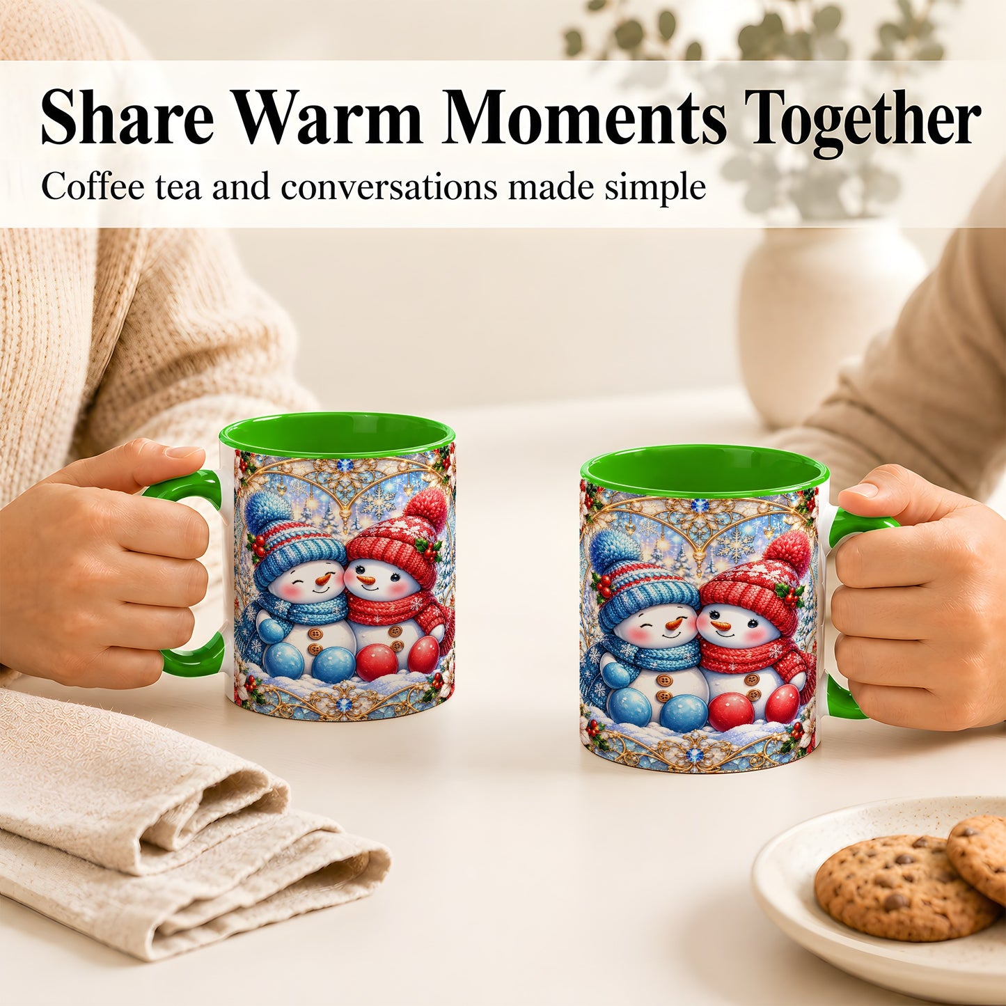 #pl[11oz|Green] Snowman Couple Coffee Mug, Christmas Snowman Mug, Ceramic Cup