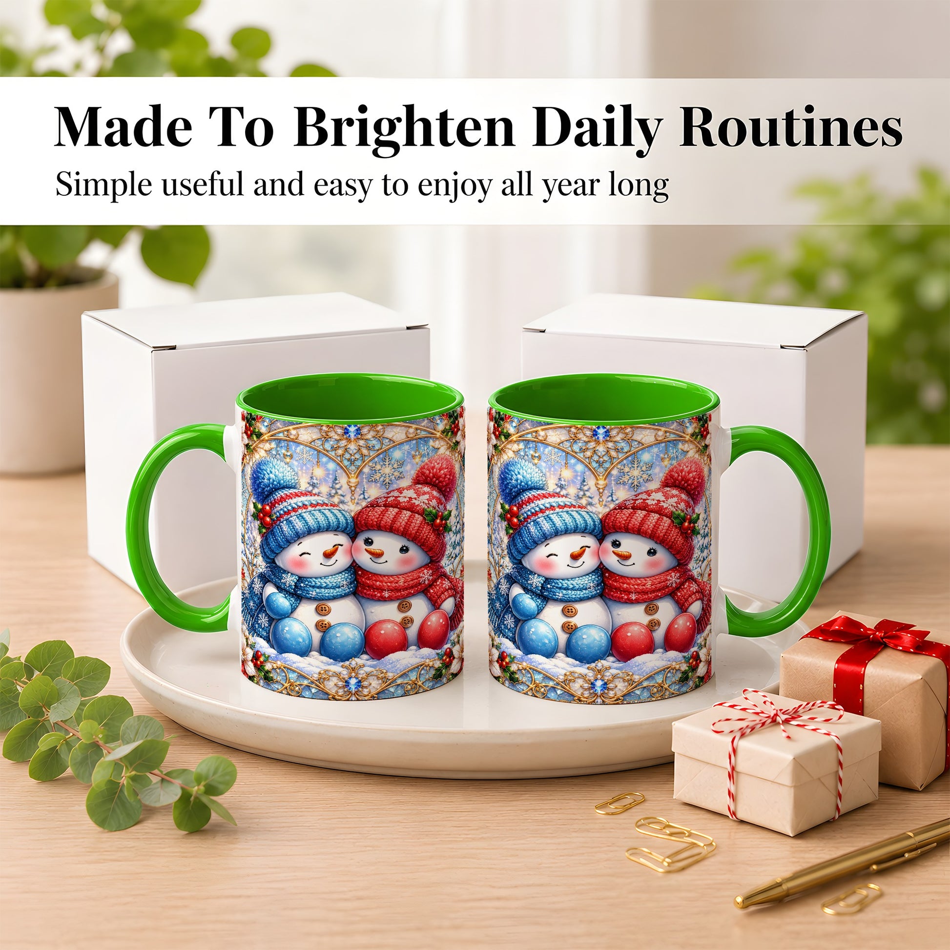 #pl[11oz|Green] Snowman Couple Coffee Mug, Christmas Snowman Mug, Ceramic Cup