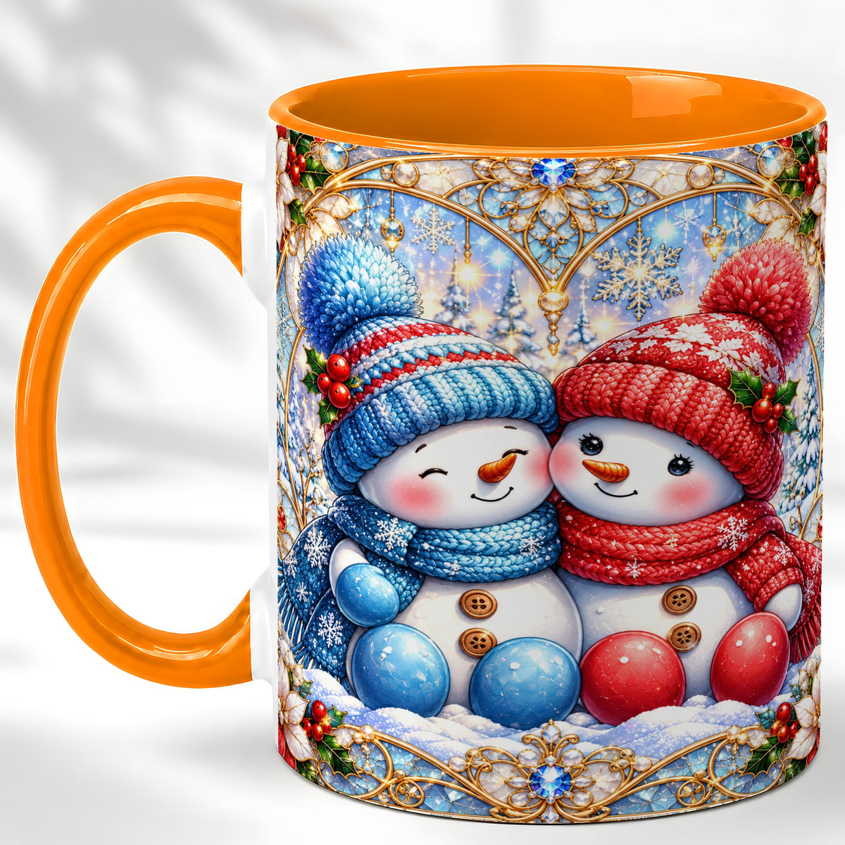 #pl[11oz|Orange] Snowman Couple Coffee Mug, Christmas Snowman Mug, Ceramic Cup
