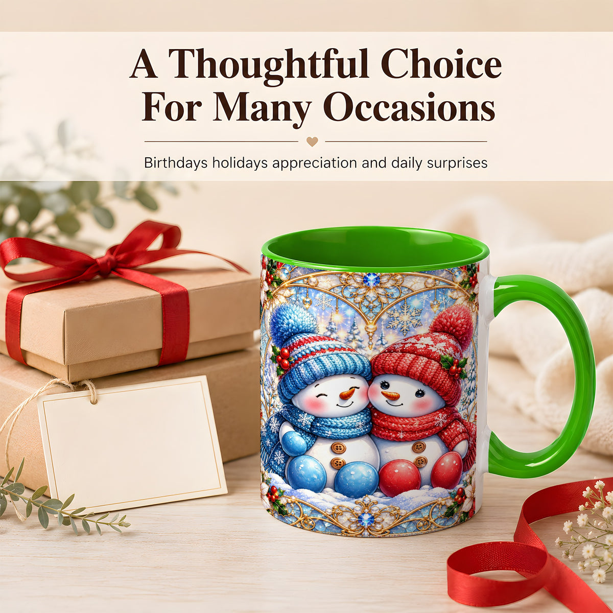 #pl[11oz|Green] Snowman Couple Coffee Mug, Christmas Snowman Mug, Ceramic Cup