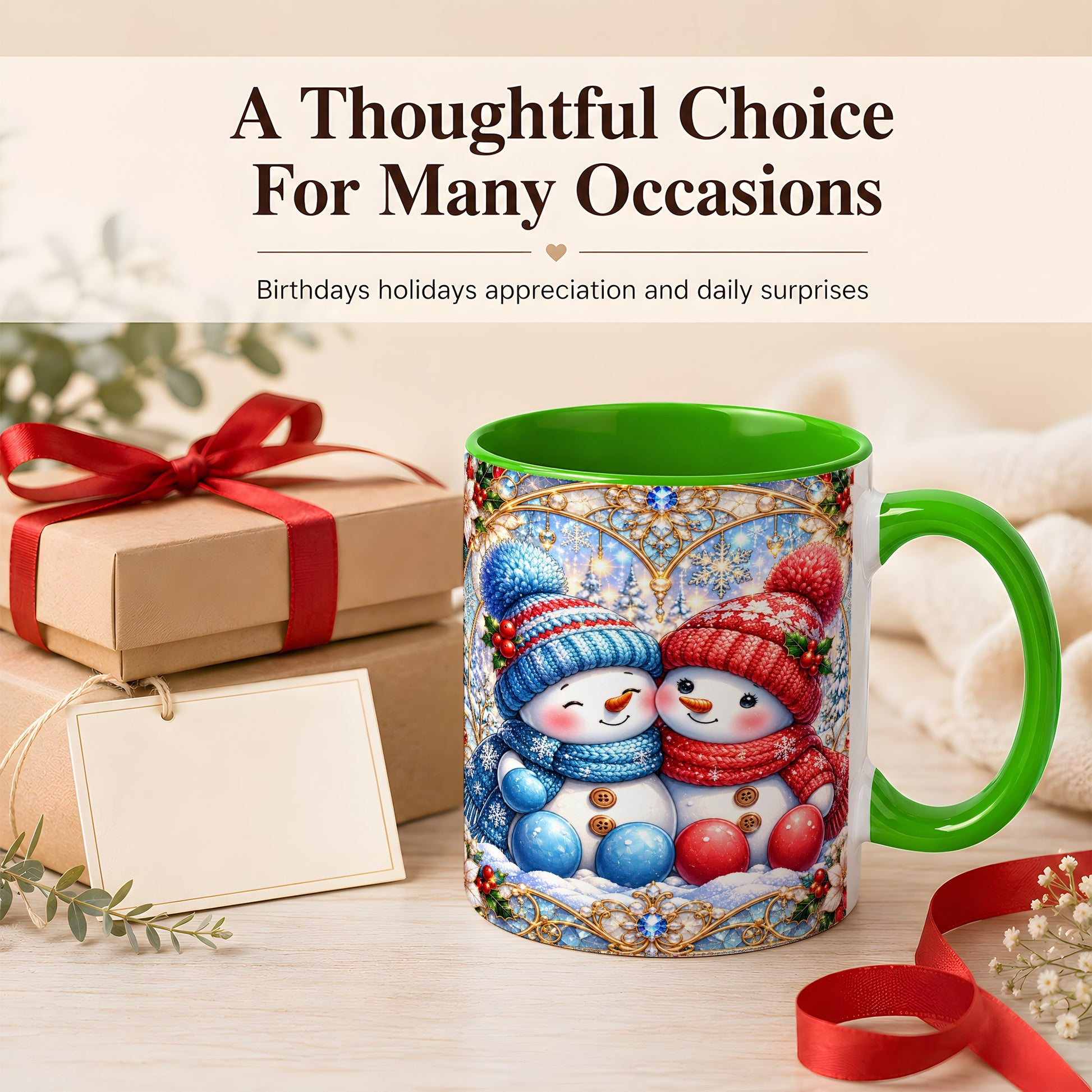 #pl[11oz|Green] Snowman Couple Coffee Mug, Christmas Snowman Mug, Ceramic Cup