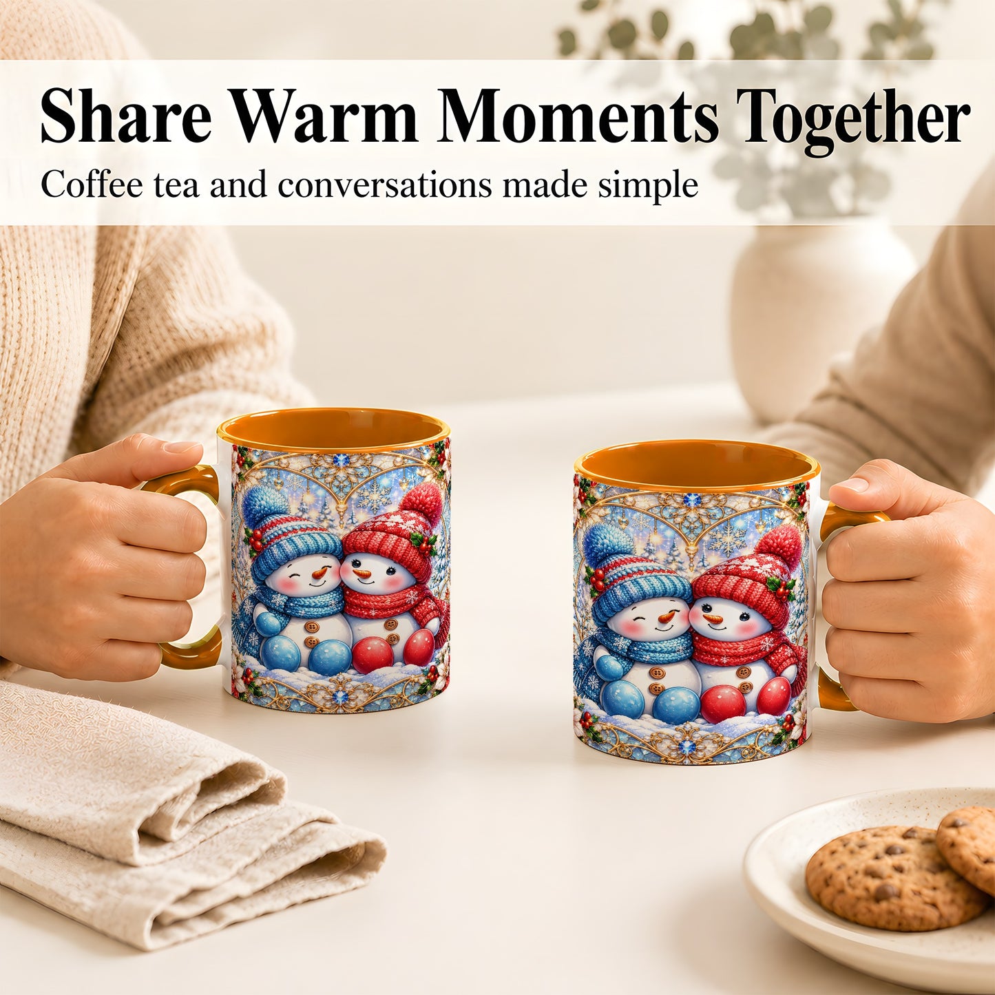 #pl[11oz|Orange] Snowman Couple Coffee Mug, Christmas Snowman Mug, Ceramic Cup