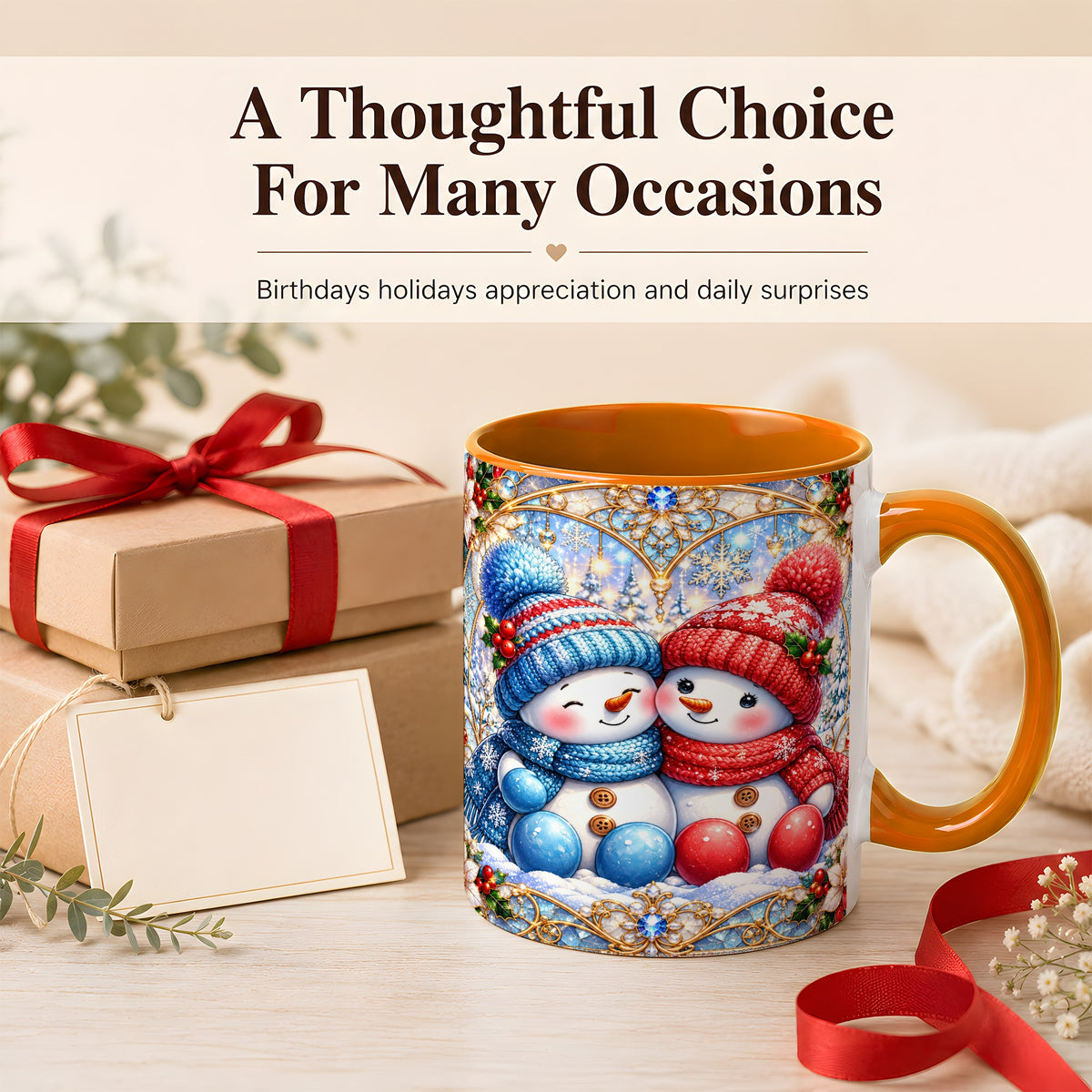 #pl[11oz|Orange] Snowman Couple Coffee Mug, Christmas Snowman Mug, Ceramic Cup