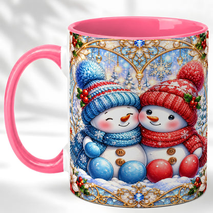 #pl[11oz|Pink] Snowman Couple Coffee Mug, Christmas Snowman Mug, Ceramic Cup