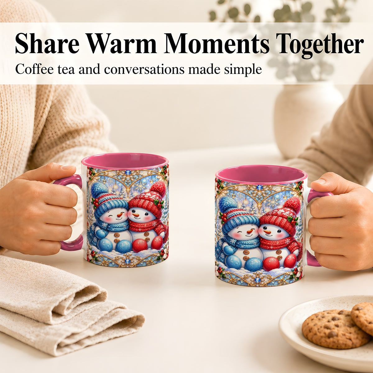 #pl[11oz|Pink] Snowman Couple Coffee Mug, Christmas Snowman Mug, Ceramic Cup