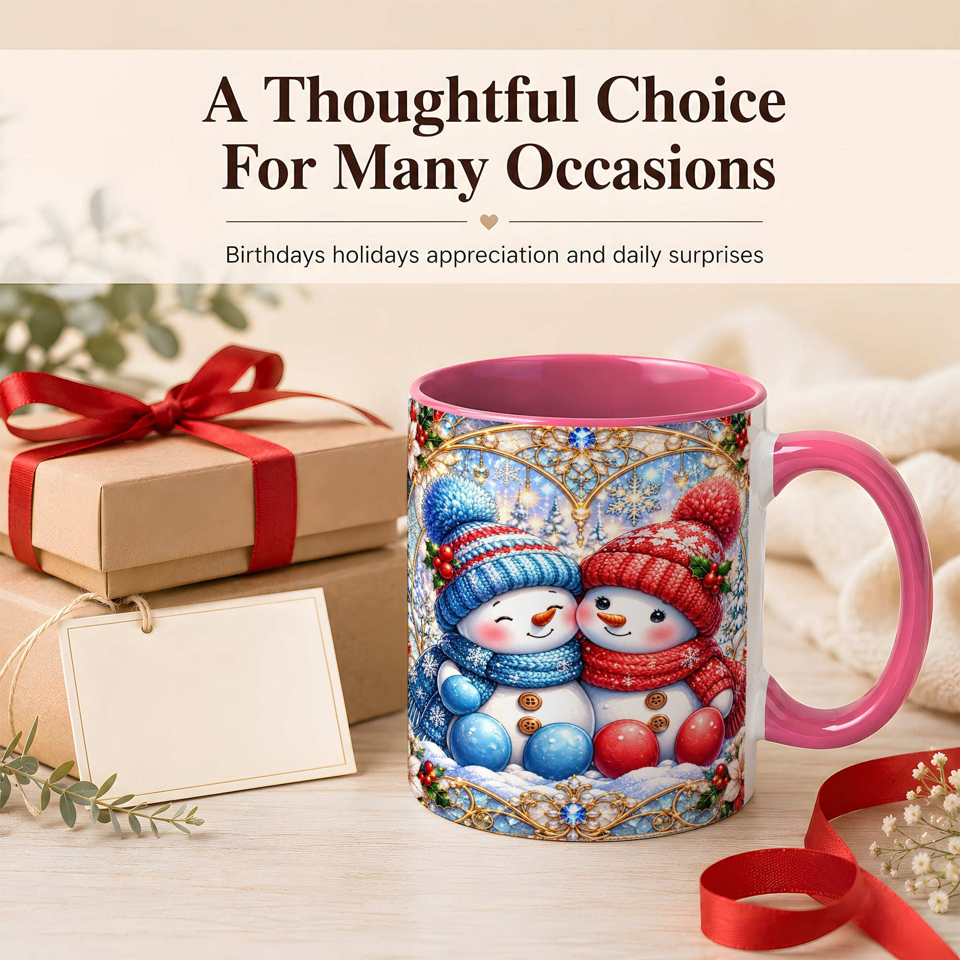 #pl[11oz|Pink] Snowman Couple Coffee Mug, Christmas Snowman Mug, Ceramic Cup