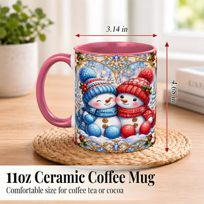 #pl[11oz|Pink] Snowman Couple Coffee Mug, Christmas Snowman Mug, Ceramic Cup