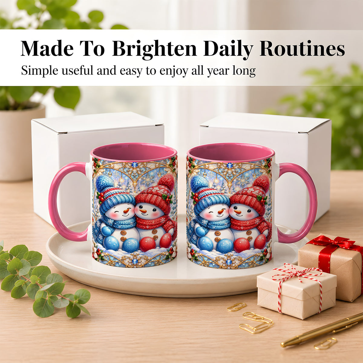 #pl[11oz|Pink] Snowman Couple Coffee Mug, Christmas Snowman Mug, Ceramic Cup