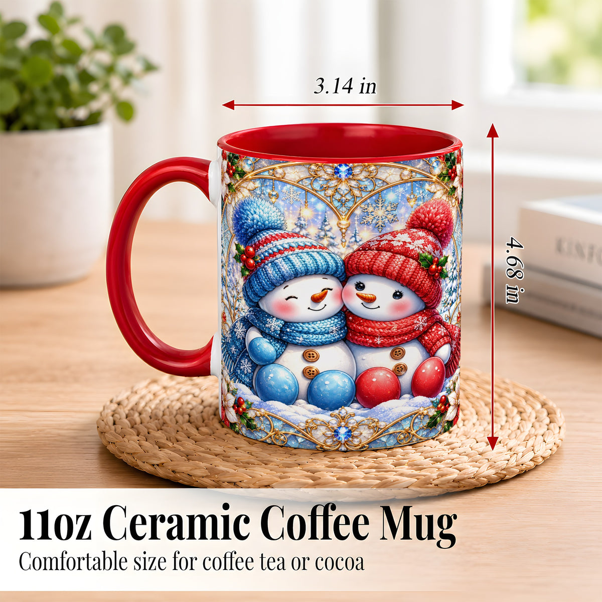 #pl[11oz|Red] Snowman Couple Coffee Mug, Christmas Snowman Mug, Ceramic Cup