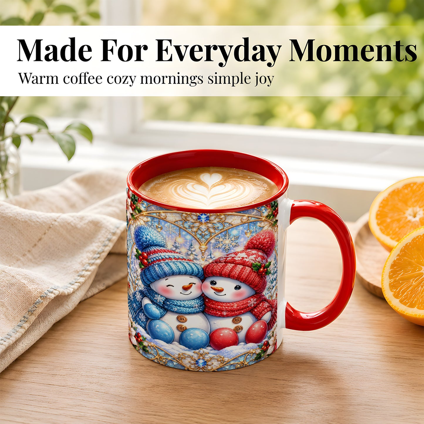 #pl[11oz|Red] Snowman Couple Coffee Mug, Christmas Snowman Mug, Ceramic Cup