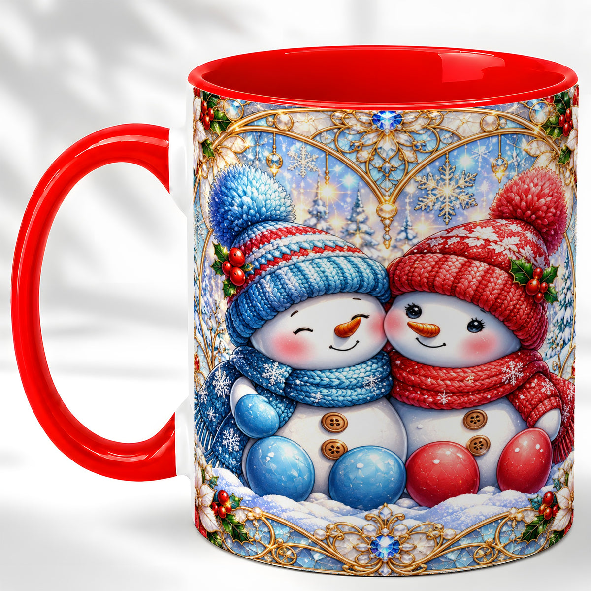 Snowman Couple Coffee Mug, Christmas Snowman Mug, Ceramic Cup