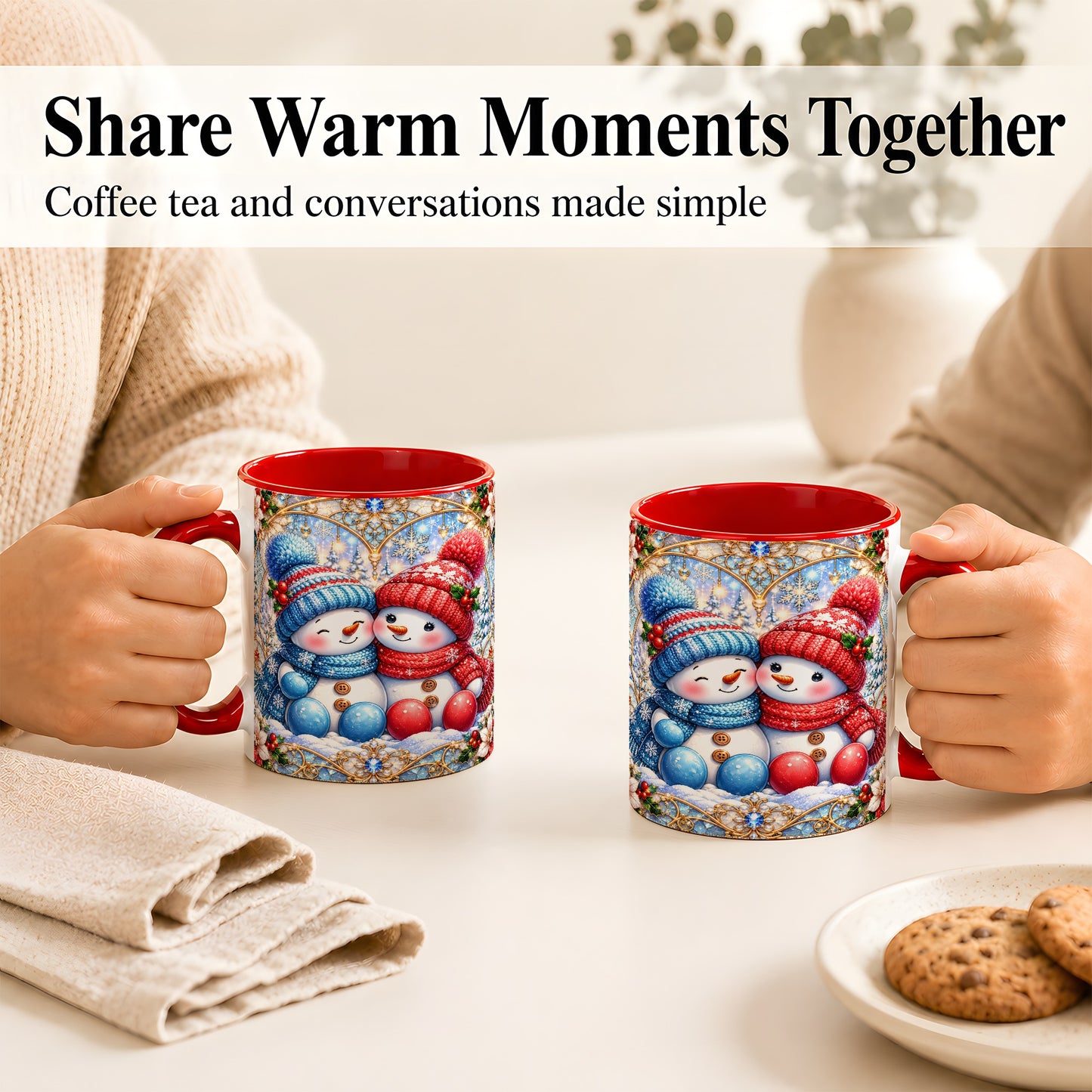 #pl[11oz|Red] Snowman Couple Coffee Mug, Christmas Snowman Mug, Ceramic Cup