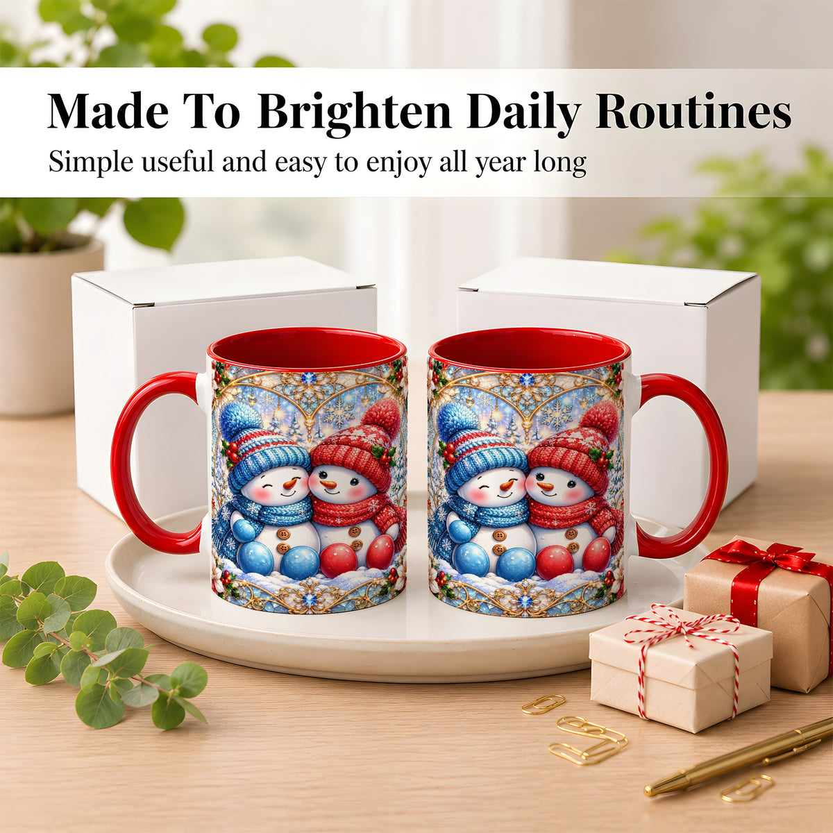 #pl[11oz|Red] Snowman Couple Coffee Mug, Christmas Snowman Mug, Ceramic Cup
