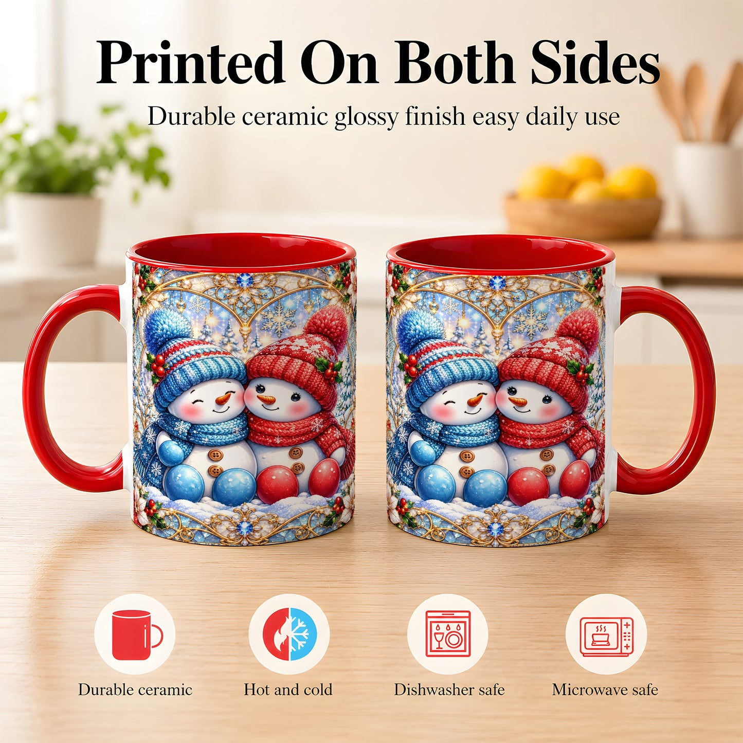 #pl[11oz|Red] Snowman Couple Coffee Mug, Christmas Snowman Mug, Ceramic Cup