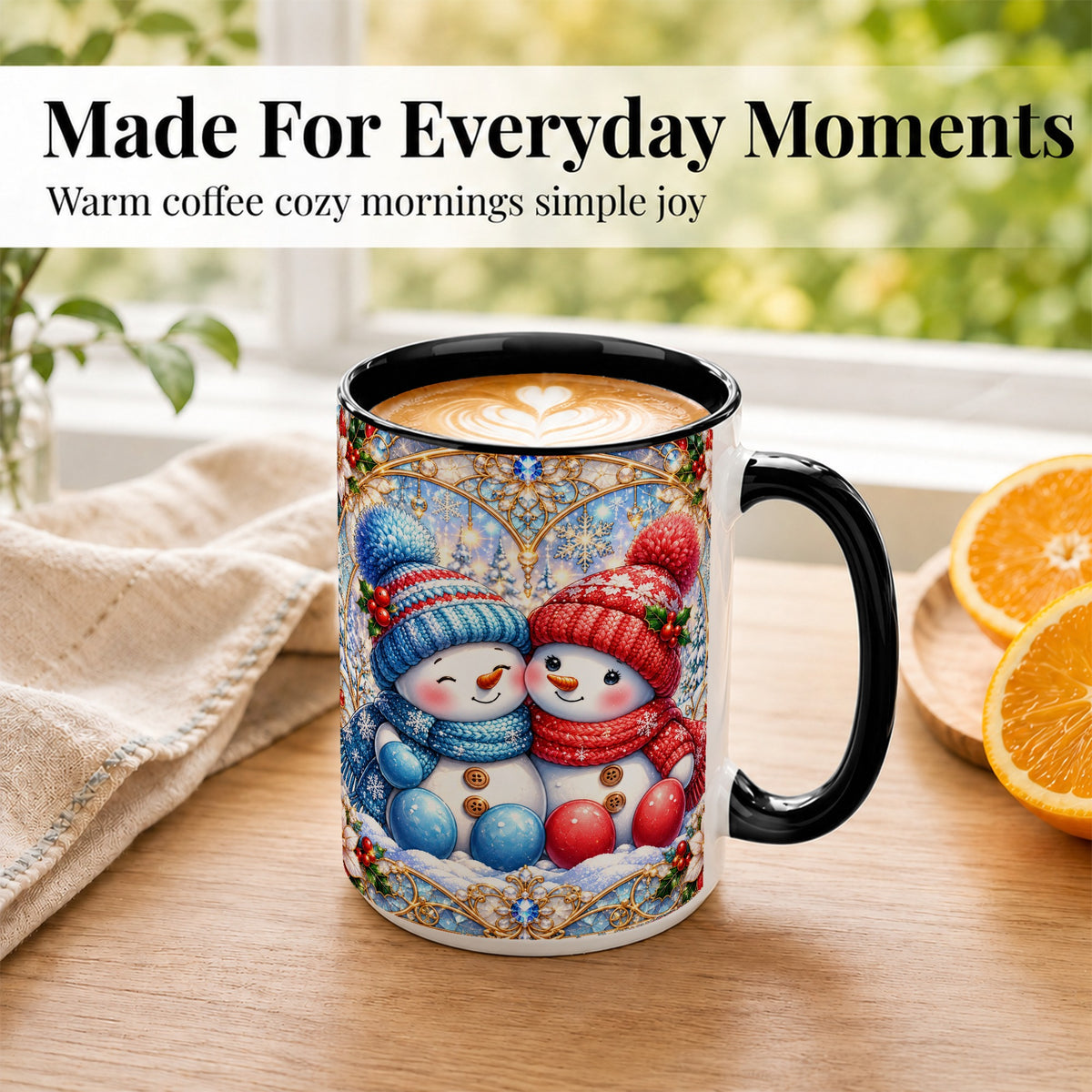 #pl[15oz|Black] Snowman Couple Coffee Mug, Christmas Snowman Mug, Ceramic Cup