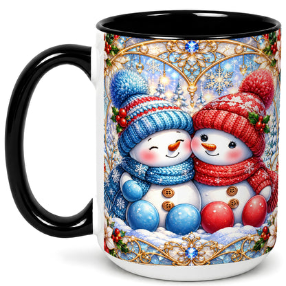 #pl[15oz|Black] Snowman Couple Coffee Mug, Christmas Snowman Mug, Ceramic Cup