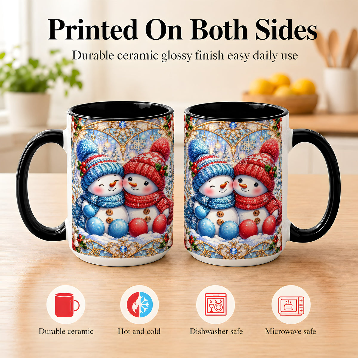 #pl[15oz|Black] Snowman Couple Coffee Mug, Christmas Snowman Mug, Ceramic Cup