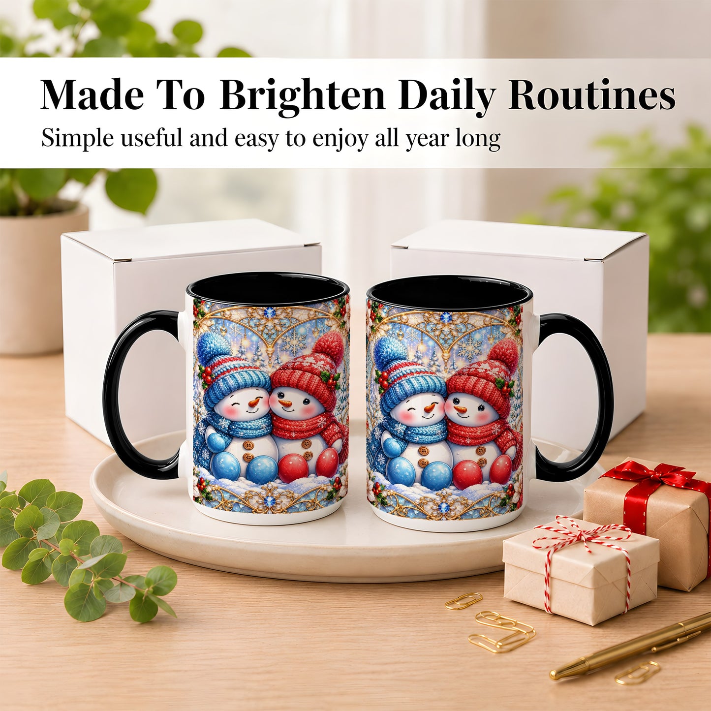 #pl[15oz|Black] Snowman Couple Coffee Mug, Christmas Snowman Mug, Ceramic Cup