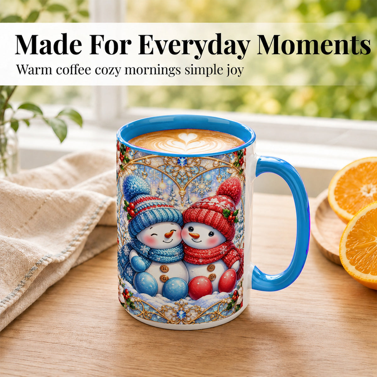 #pl[15oz|Blue] Snowman Couple Coffee Mug, Christmas Snowman Mug, Ceramic Cup