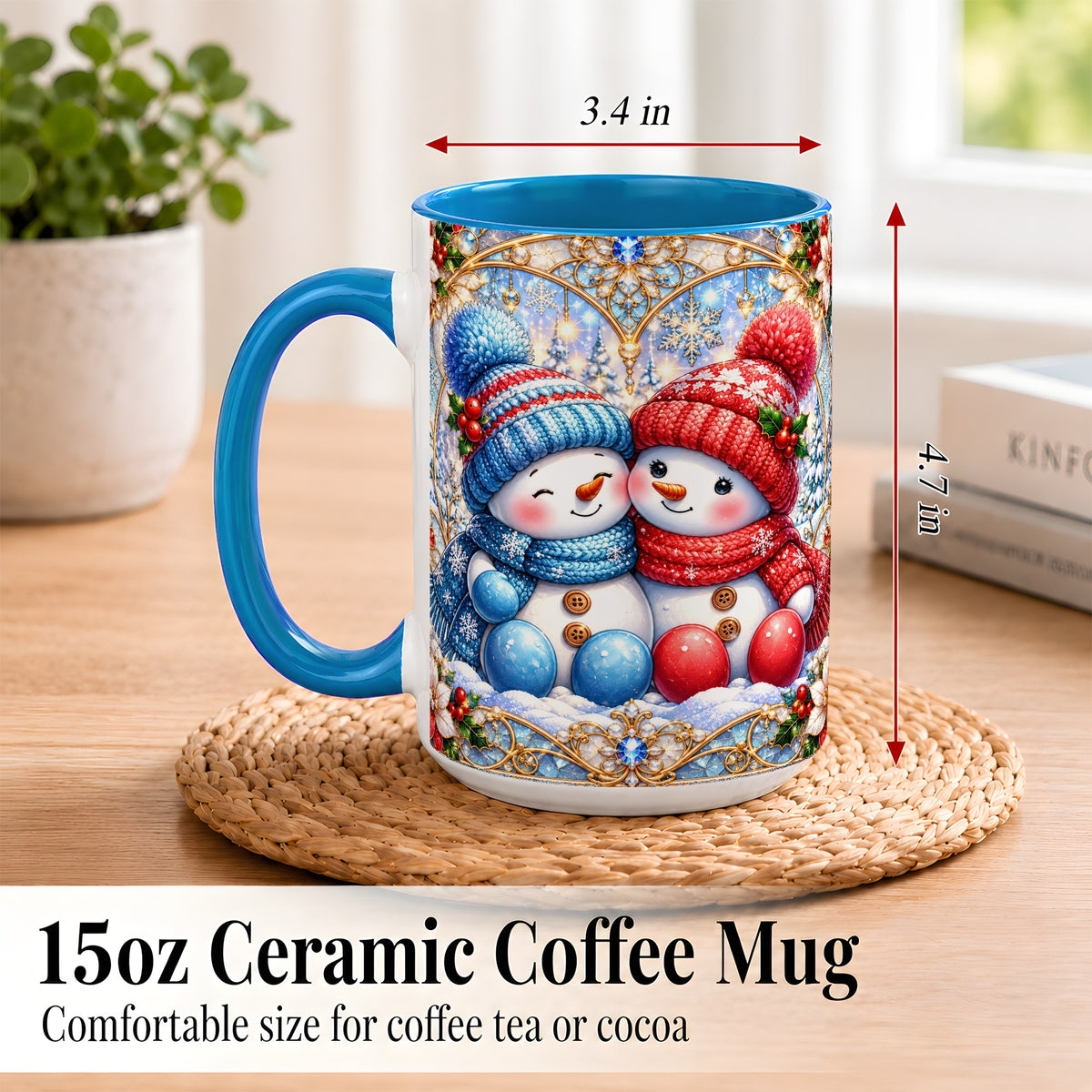 #pl[15oz|Blue] Snowman Couple Coffee Mug, Christmas Snowman Mug, Ceramic Cup