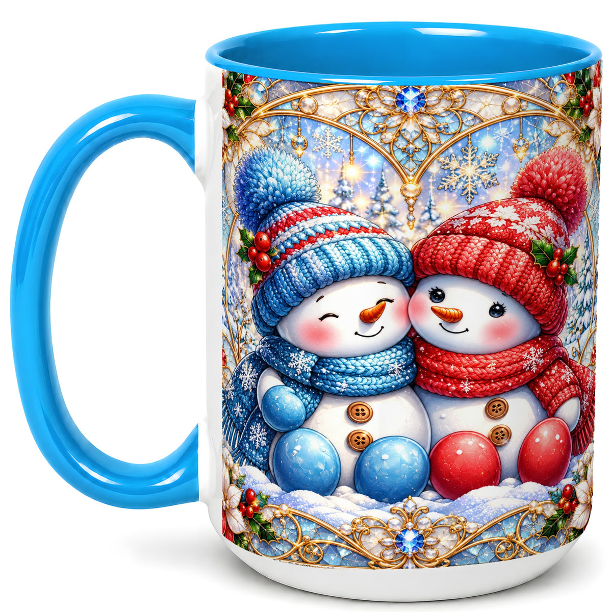 #pl[15oz|Blue] Snowman Couple Coffee Mug, Christmas Snowman Mug, Ceramic Cup