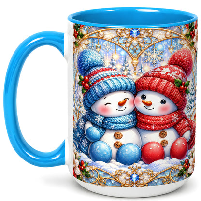 #pl[15oz|Blue] Snowman Couple Coffee Mug, Christmas Snowman Mug, Ceramic Cup