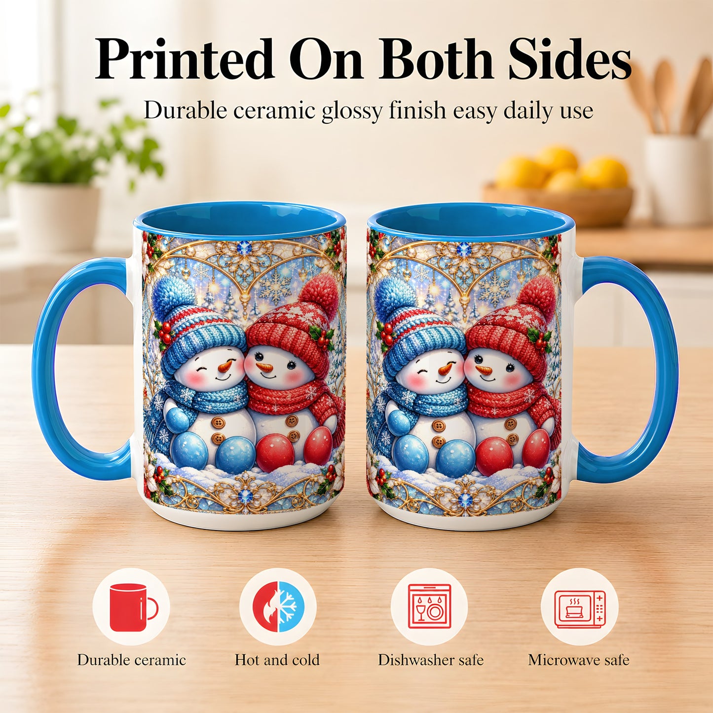 #pl[15oz|Blue] Snowman Couple Coffee Mug, Christmas Snowman Mug, Ceramic Cup