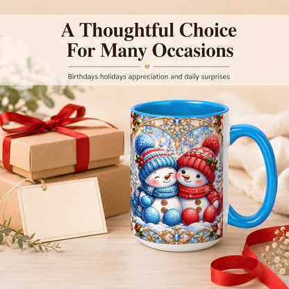 #pl[15oz|Blue] Snowman Couple Coffee Mug, Christmas Snowman Mug, Ceramic Cup