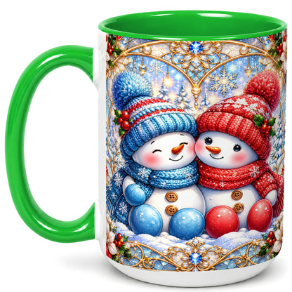 #pl[15oz|Green] Snowman Couple Coffee Mug, Christmas Snowman Mug, Ceramic Cup
