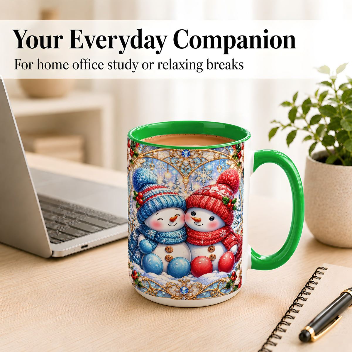 #pl[15oz|Green] Snowman Couple Coffee Mug, Christmas Snowman Mug, Ceramic Cup