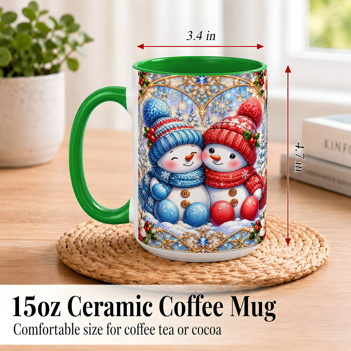 #pl[15oz|Green] Snowman Couple Coffee Mug, Christmas Snowman Mug, Ceramic Cup