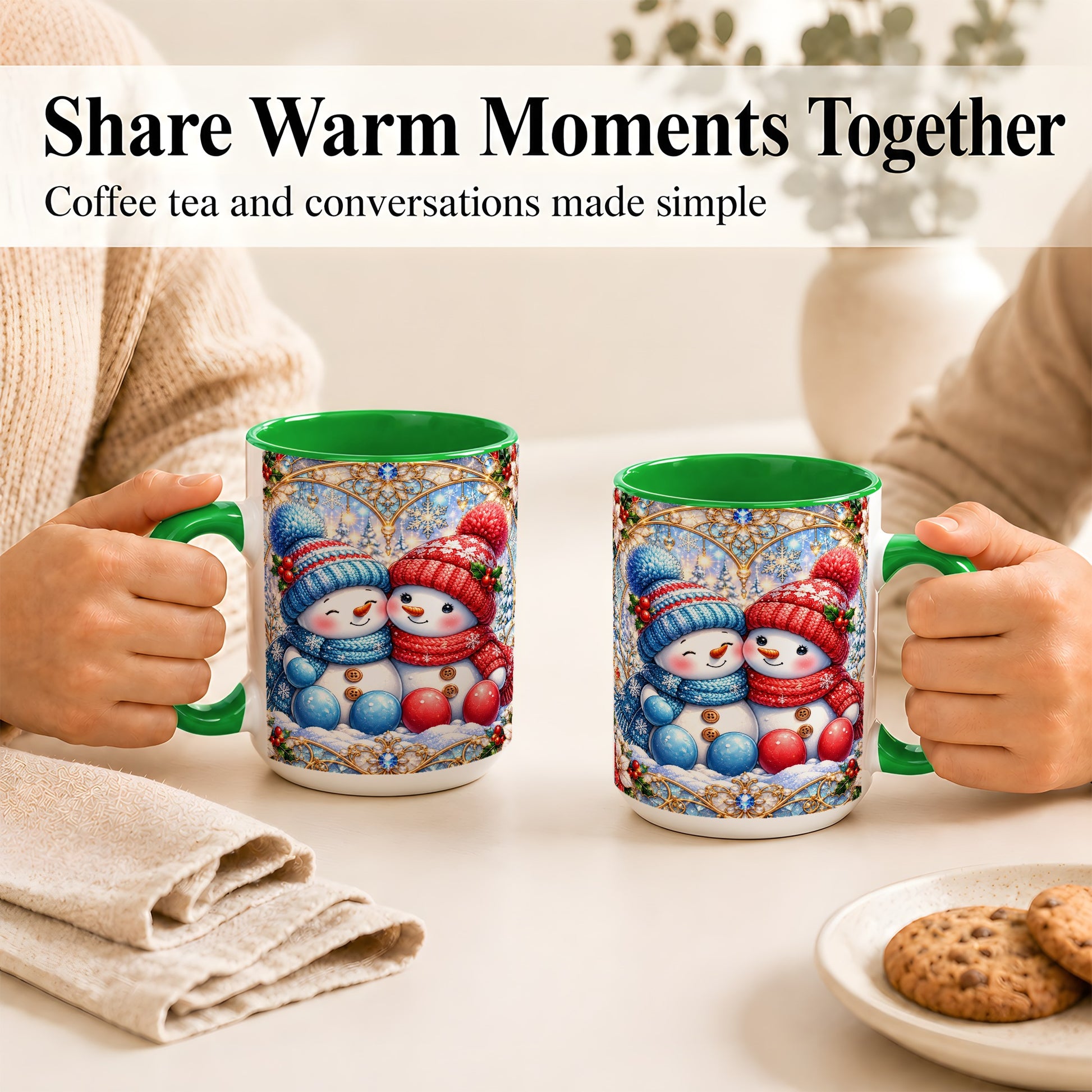 #pl[15oz|Green] Snowman Couple Coffee Mug, Christmas Snowman Mug, Ceramic Cup