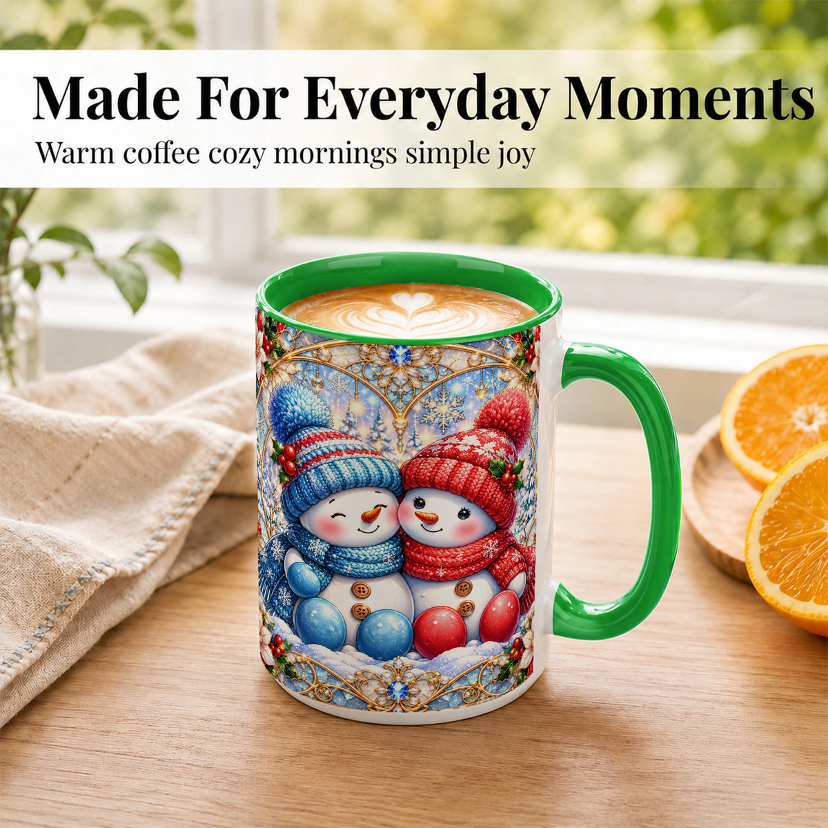 #pl[15oz|Green] Snowman Couple Coffee Mug, Christmas Snowman Mug, Ceramic Cup