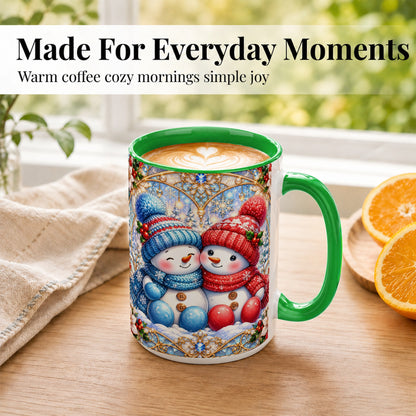#pl[15oz|Green] Snowman Couple Coffee Mug, Christmas Snowman Mug, Ceramic Cup