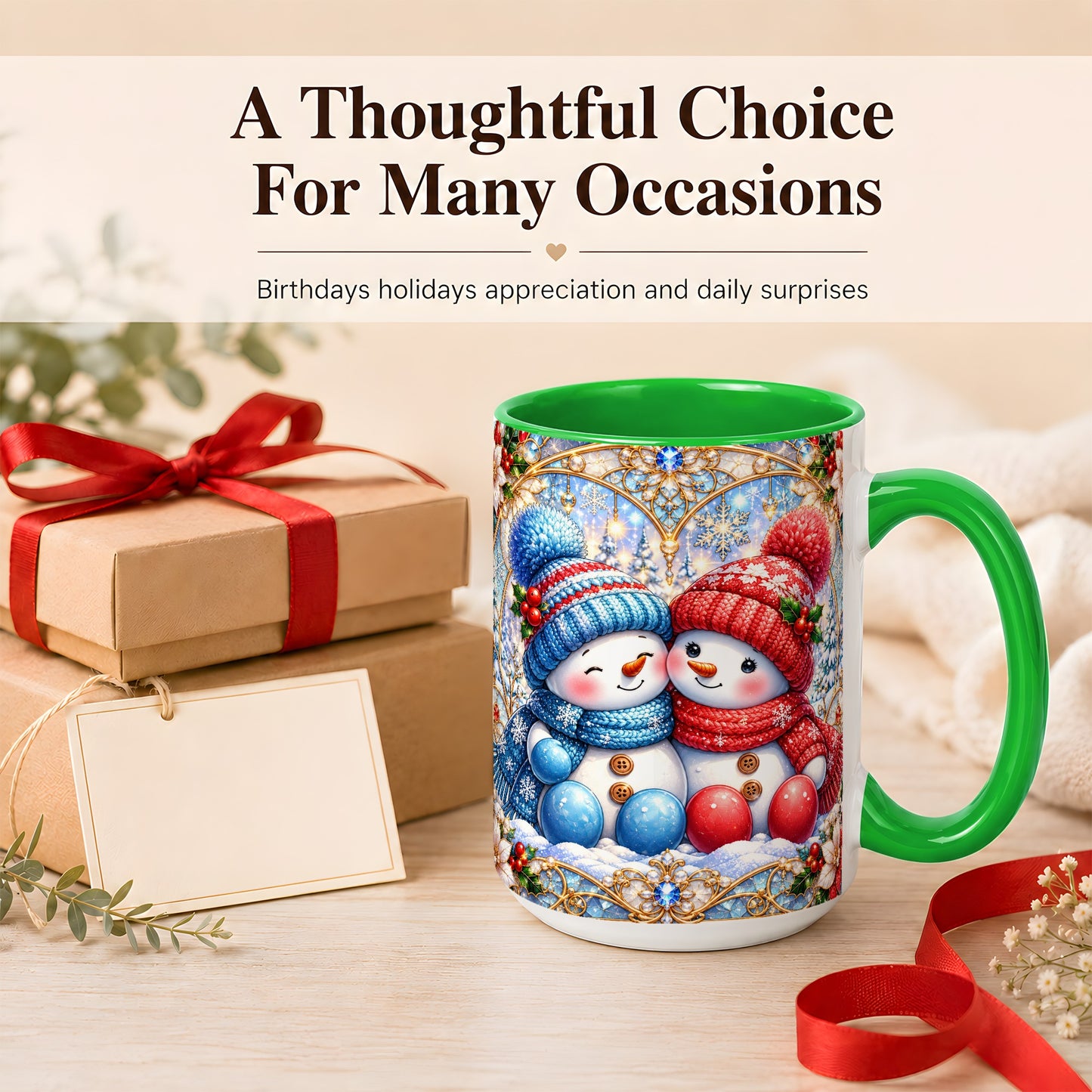 #pl[15oz|Green] Snowman Couple Coffee Mug, Christmas Snowman Mug, Ceramic Cup