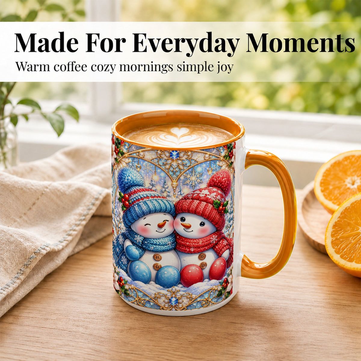 #pl[15oz|Orange] Snowman Couple Coffee Mug, Christmas Snowman Mug, Ceramic Cup