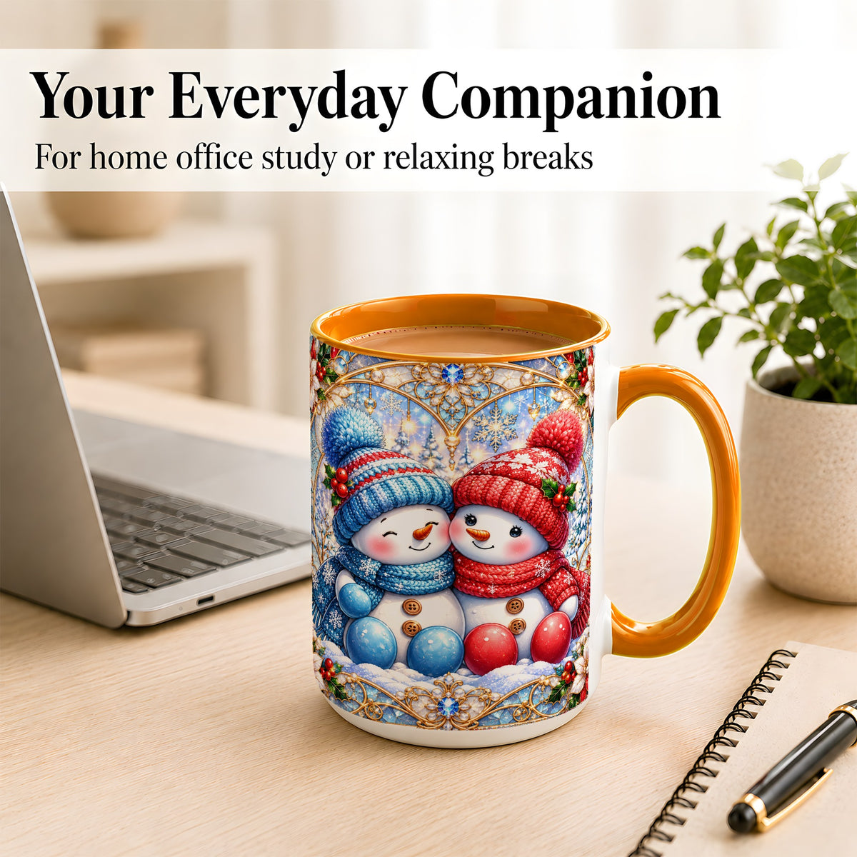 #pl[15oz|Orange] Snowman Couple Coffee Mug, Christmas Snowman Mug, Ceramic Cup